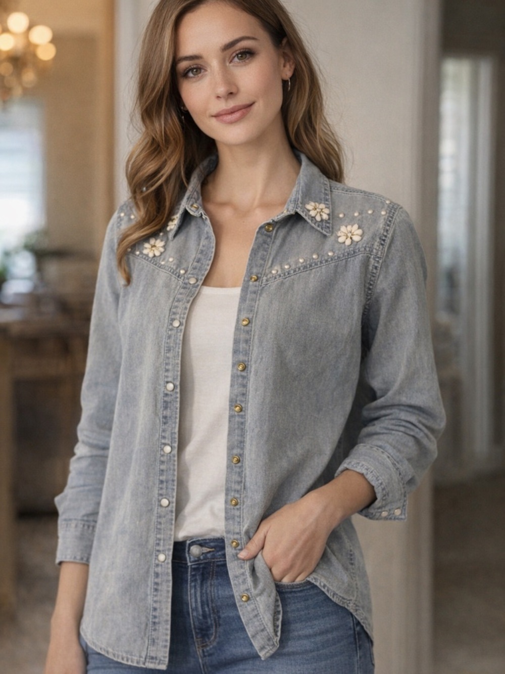 Draper James Embellished Denim Shirt β’ Size 8 β’ Pearl & Floral Detail
